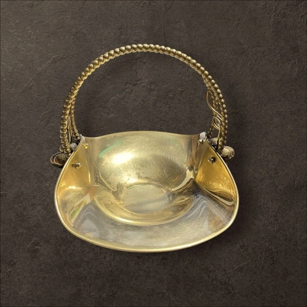 Vintage Solid Brass Basket With Handle Made In Italy With Leaf And Grape Design